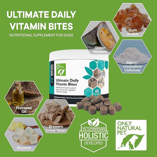 Only Natural Pet Ultimate Daily Vitamins - Complete Multivitamin Supplement for Dogs Balanced Health & Vitality - Senior Small & Large Canine Food Immune Digestive Support -60 Soft Chews (Pack of 1)
