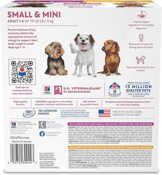 Hill's Science Diet Small & Mini, Adult 1-6, Small & Mini Breeds Premium Nutrition, Wet Dog Food, Variety Pack: Chicken & Vegetables; Salmon & Vegetables Stew, 3.5 oz Tray Variety Pack, Case of 12