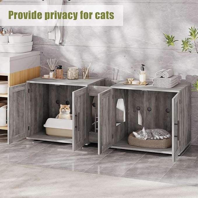 GAOMON Litter Box Enclosure with Double Cage, Cat House,Hidden Litter Box Enclosure Furniture for 2 Cats, Wooden Enclosed Cat Litter Box Furniture,55”L x 17.7”W x 22.5”H, Grey