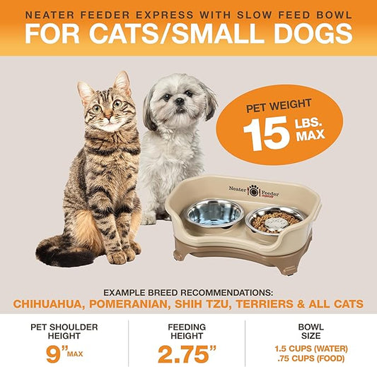 Neater Feeder Express Mess Proof Dog Bowls Elevated for Small Breeds Under 15 Lb, Made in USA, No Spill Raised Dog Food Bowl Stand, Stainless Steel Slow Feed and Standard Water Bowl Set, Cappuccino