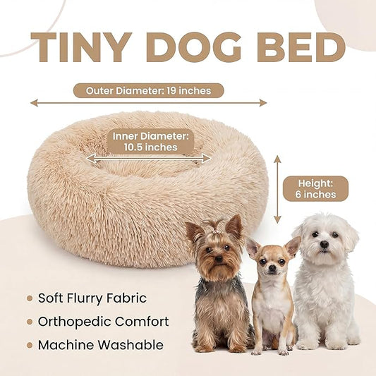 Extra Small Dog Bed 19 Inch,Calming Donut Puppy Bed,Ultra Soft Faux Fur Round Dog Bed for Chihuahua Yorkie Maltese Pomeranian,Light Brown