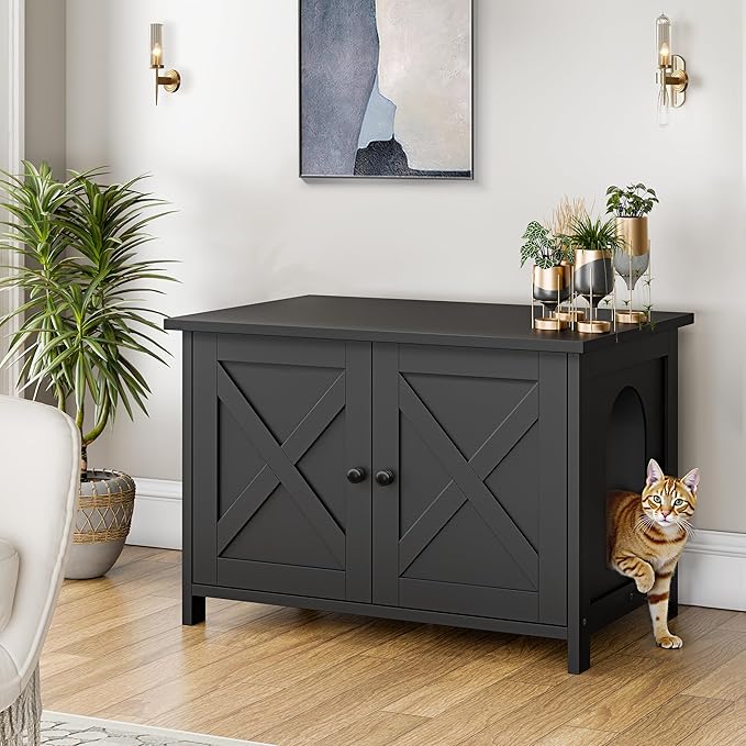 Shintenchi Cat Littler Box Enclosure, Litter Box Furniture Hidden with Removable Divider, Cat House with End Table, Black, 31.5 inch