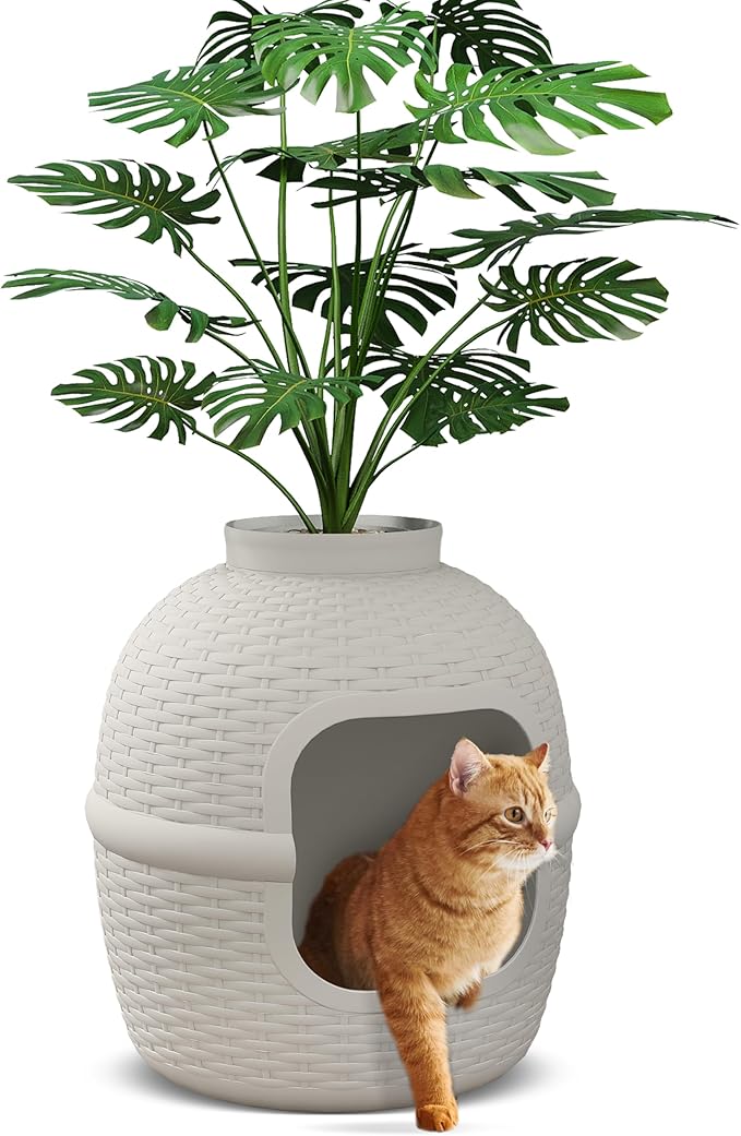 Cat Litter Box, Hidden Litter Box with Faux Plant, Heavy Duty Litterbox Enclosure Furniture with Rattan Pattern, PP Cat Box Enclosure Furniture for Living Room, Bedroom, White