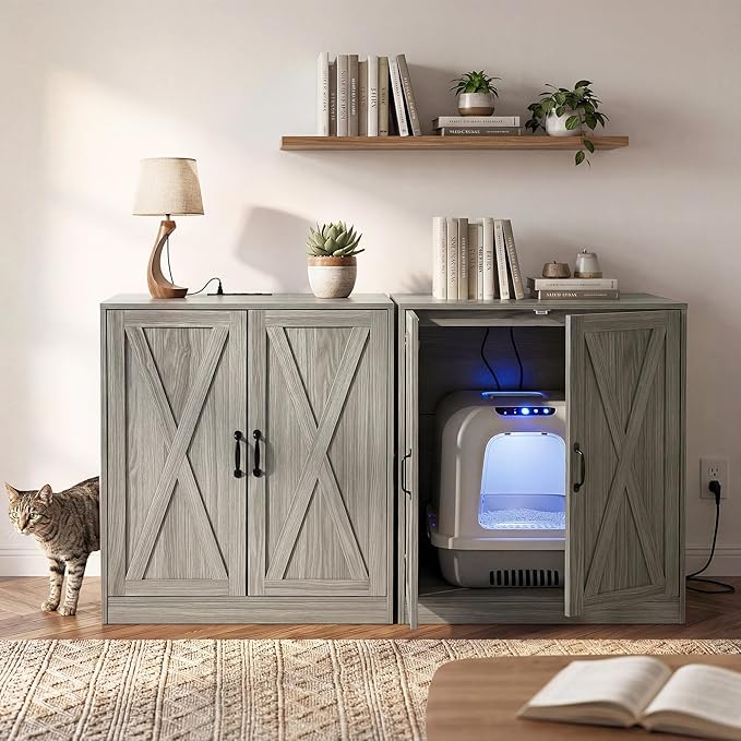 YITAHOME Large Hidden Litter Box Furniture with Power Outlets, Wooden Cat Litter Box Enclosure for Self-Cleaning Litter Boxes, Indoor Wooden Storage Cat Cabinet, Wash Grey