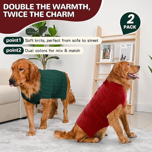 2 Pack Dog Sweaters for Large Dogs Winter Turtleneck Pullover Cable Knit Fleece Stretch Pitbull Labrador Golden Retriever Doberman Bulldog Boy Girl Pet Clothes (XL, Red & Green)