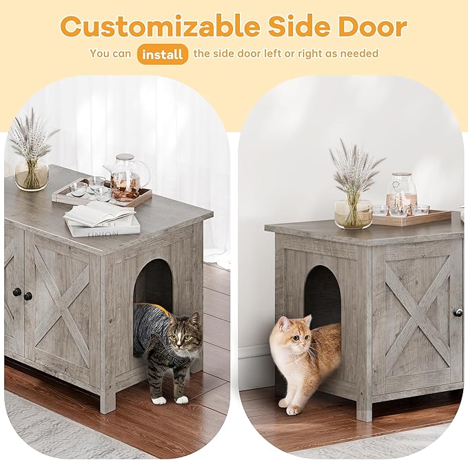Shintenchi Cat Littler Box Enclosure, Litter Box Furniture Hidden with Removable Divider, Cat House with End Table, Grey, 31.5 inch