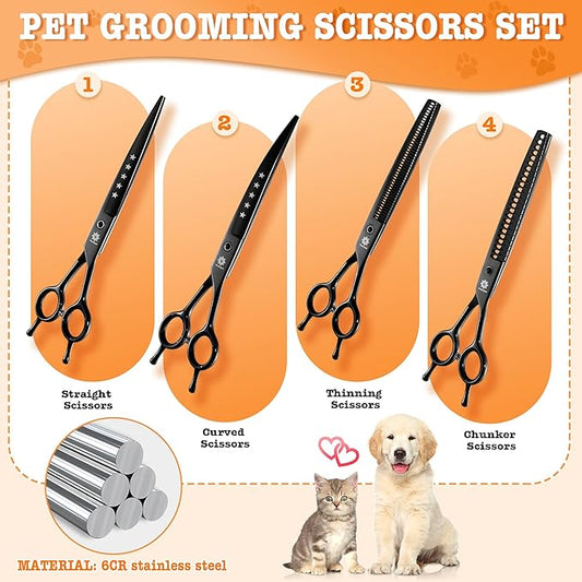 Dream Reach Dog Grooming Scissors - Professional 7.5 Inch Pet Scissors Sharp and Durable Shears Set Thinning, Chunker, Straight, Curved Shears and Comb for Dog Cat Pet, Black