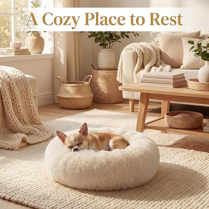 Tiny Dog Bed 15 Inch for Extra Small Dogs,Washable Puppy Bed,Soft Faux Fur Calming Donut Bed for Chihuahua Yorkie Maltese Pomeranian,Beige