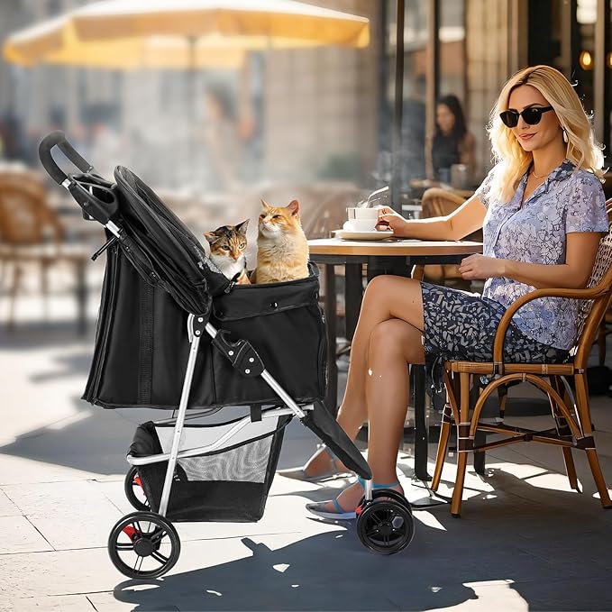 SMUG 3 Wheels Pet Stroller, Dog and Cat Strollers with Storage Basket and Cup Holder, Breathable Mesh, Lightweight Travel Carrier, Waterproof and Foldable for Small Pets Outdoor Walk, Black