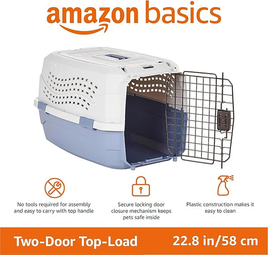 Basics Sturdy Portable 2-Door Top-Load Hard-Sided Pet Travel Carrier with Secure Ventilation, Handle, Front & Top Entry for Dogs, Cats, 22.8"L x 15"W x 13"H, Gray & Blue