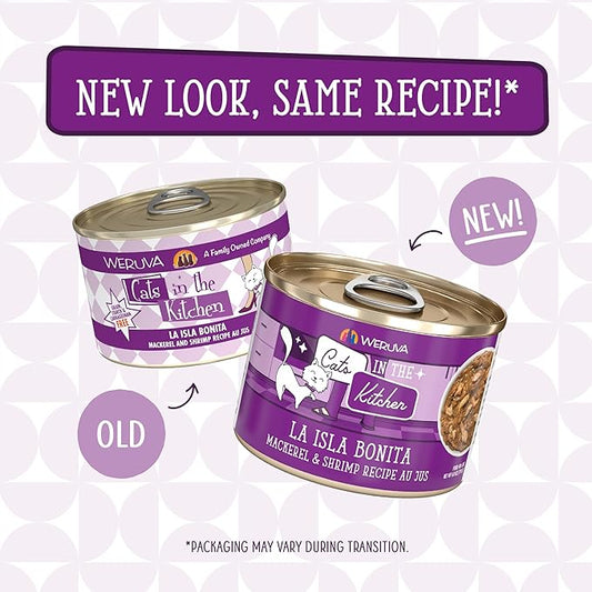 Weruva Cats in The Kitchen, La Isla Bonita with Mackerel & Shrimp Au Jus Cat Food, 6oz Can (Pack of 24)