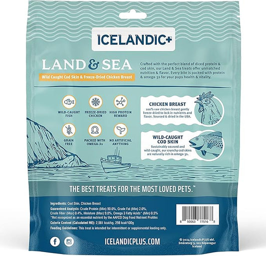 Icelandic+ Land & Sea Wild Caught Cod Skin & Freeze-Dried Chicken Breast -6.75oz Bag, Dog Treat & Food Topper, 2 Ingredient, No Preservatives, Natural