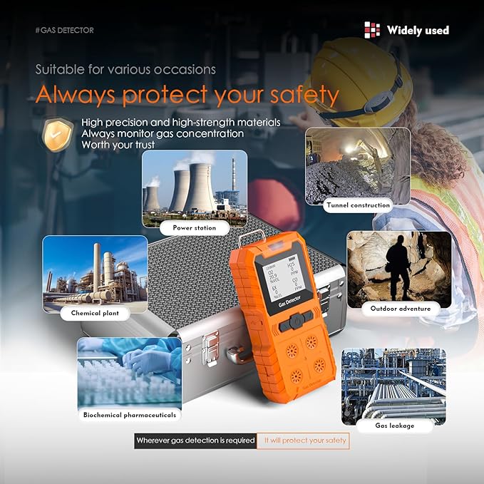 Portable 4 Gas Monitor Multi Gas Detector,Portable Gas Detector Rechargeable 4 Gas Monitor Ex H2s Co O2 with LCD Display Sound Light Shock confined Space air Monitor (Orange)