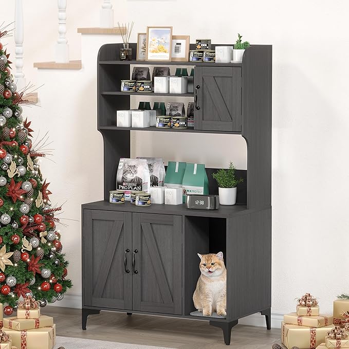 IDEALHOUSE Cat Litter Box Enclosure with Shelves and Doors,Wood Sturdy Hidden Litter Box Furniture,Indoor Cat House Furniture for Most of Litter Box,Litter Box Cabinet,Walnut Color