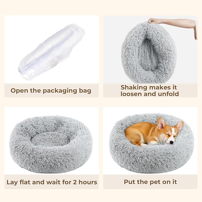 Calming Anti-Anxiety Donuts Dog And Cat Bed for indoor cats, Round Fluffy Soft Washable Small Medium Pet Bed For Puppy And Kitten, Warming Comfortable Luxury Anti-Slip Waterproof Mute Base 20in Gray