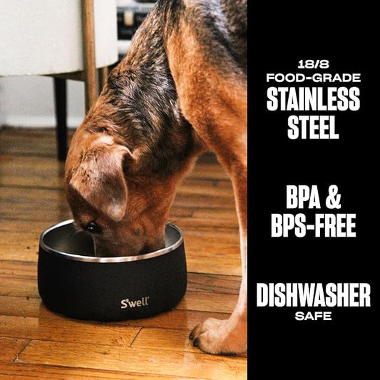 S'well Stainless Steel Pet Bowl, 32oz, Onyx, for Small to Medium Size Dogs, Mess Free Design with Non Slip Rubber Bottom, Dishwasher Safe, BPA Free