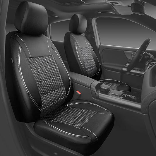 CAR PASS Piping PU Leather Car Seat Cover Full Set, Inside Zipper Design and Reserved Opening Holes, Airbag Compatible,Universal FIT for Car, SUVs,Van,Trucks(Full Set, Black & Silver