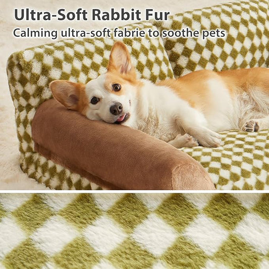 BFPETHOME Dog Couch Bed & Cat Couch Bed, Pet Couch Bed for Medium Pet, Cute Dog Sofa Bed, Cat Sofa & Pet Sofa with Non-Slip Bottom, Checkered Dog Bed with Washable Cover (Green&White)