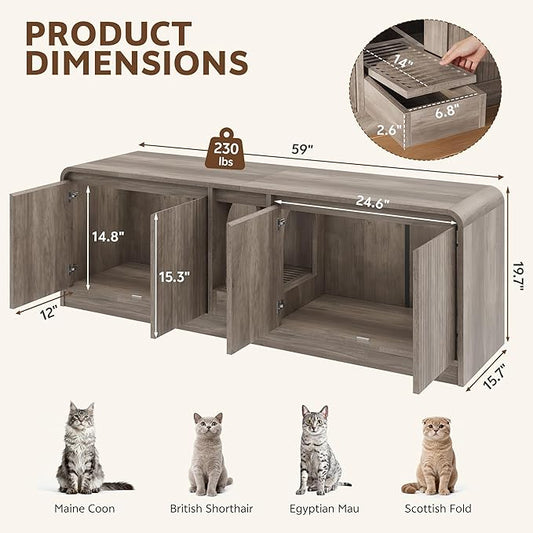 Cat Litter Box Enclosure with Litter Collector, 59'' Double Litter Box Enclosure for 2 Cats, Hidden Litter Box Furniture for Indoor Cats Large Adult, Cat House, Side Table, TV Stand, Grey