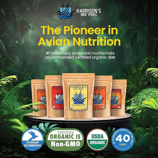 Harrison's Bird Foods High Potency Mash- Certified Organic, Non-GMO, Minimally Processed Nutrient-Rich Formula for Birds with Special Needs, Molting, Breeding, or Young Birds Under 1 Year 454g / 1lb