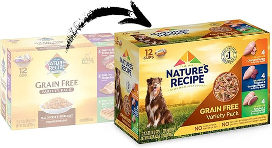 Nature's Recipe Grain Free ChickenRecipe, Chicken & VenisonRecipe and Chicken & Duck Recipe in Savory Broth Variety Pack Wet Dog Food, 2.75 oz. Cups,(Pack of 48)