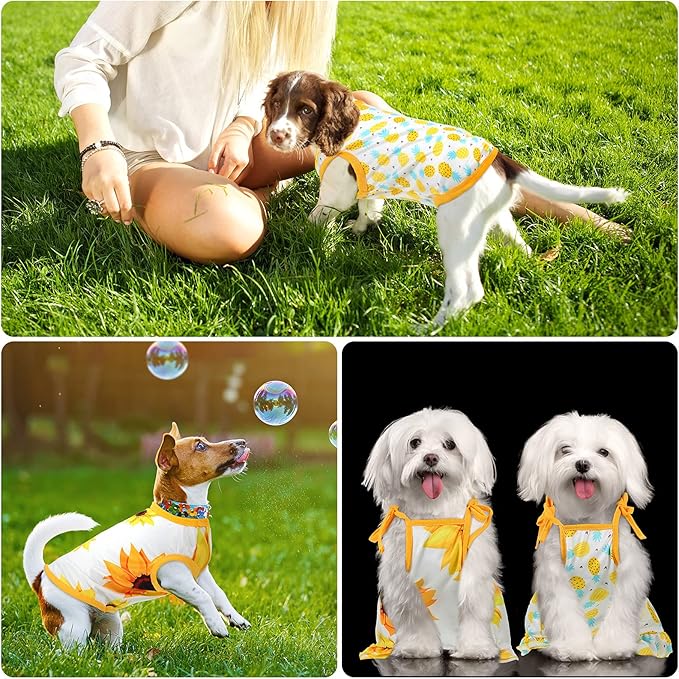 Frienda 4 Pieces Dog Clothes Set Include 2 Pcs Cute Pet Dress Lovely Dog Dress and 2 Pcs Breathable Pet T Shirt Puppy Clothes(Pineapple, Sunflower,Small)