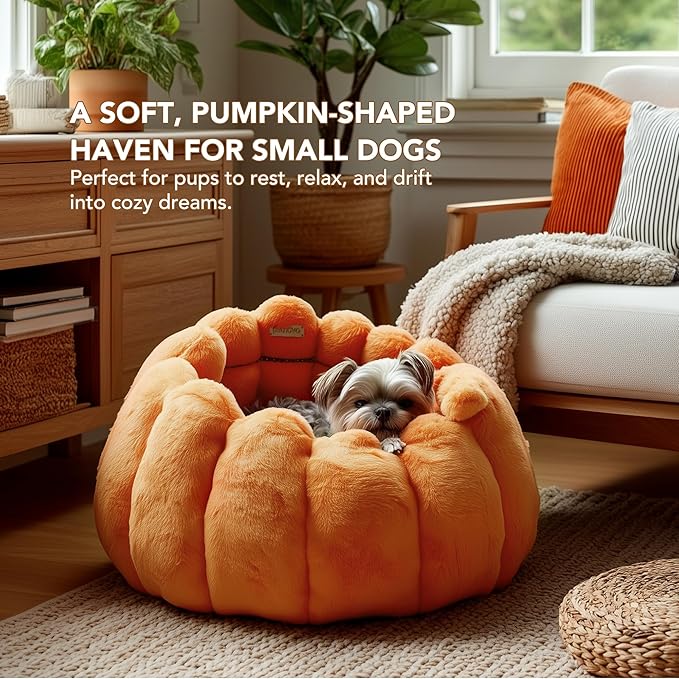 PETNOVO Pumpkin Calming Cat Bed,Plush Donut Cuddler with High Bolster,Ultra Soft Bunny Plush,Oeko‑TEX,Non-Slip Pet Nest,for Indoor Cats up to 13 lbs & Small Dogs,20Lx20Wx12H Inch,Pumpkin Yellow