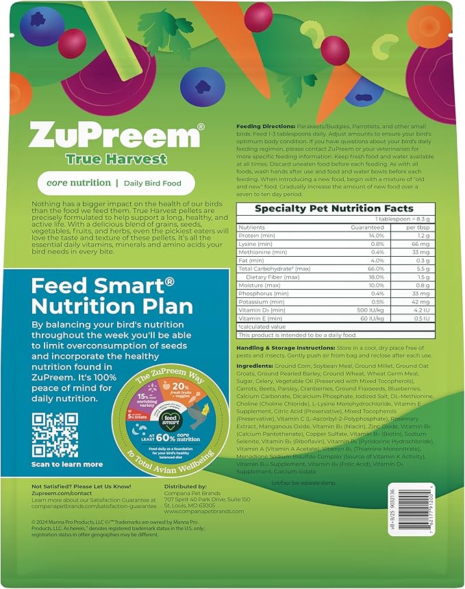 ZuPreem Natural Bird Food, Bird Feed Pellets for Parakeets, Budgies, Parrotlets, & Doves, ZuPreem Core Nutrition, Made in USA, Added Vitamins, Parakeet Food, Budgie Feed, (Small, 2.25 lb Bag)