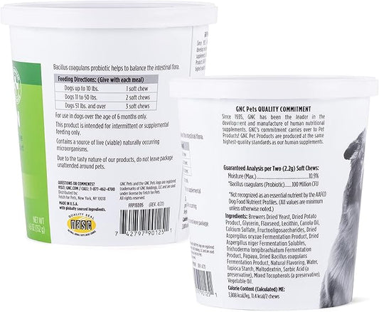 GNC Pets Essentials Dog Probiotic Soft Chews for Digestive Support, Bacon Flavor Daily Supplement with Prebiotics, Probiotics and Enzymes for Puppies and Adult Dogs in Reusable Jar, 60 Count