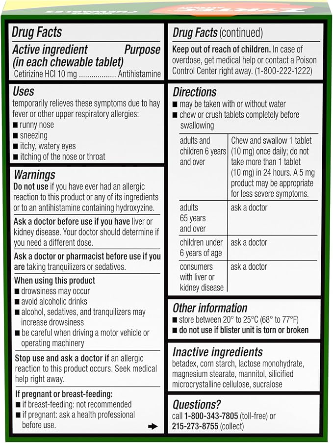 Zyrtec 24 Hour Allergy Relief Chewable Tablets, 10 mg Cetirizine Hydrochloride Antihistamine, Dye-Free Allergy Medicine for Runny Nose, Sneezing, Itchy, Watery Eyes, Indoor & Outdoor Allergies, 24 ct