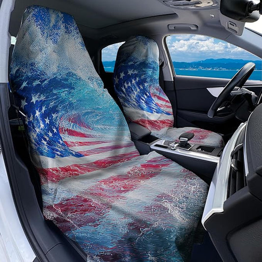 2 Pack Car Towel Seat Covers with Storage Bag, Multifunctional Towel for Gym Outdoor Sport, Picnic, Beach, Pet Dog Travel,Non-Slip Washable Car Seat Protector (Flag Waves)