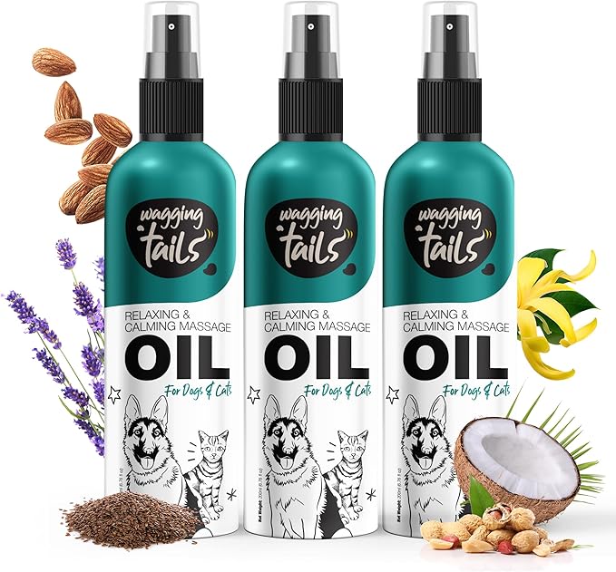 Wagging Tails 4-in-1 Relaxing & Calming Massage Oil for Dogs and Cats - 20.28 fl oz (Pack of 3) | Natural Grooming Formula | Enhances Coat Shine & Softness, Soothes Itching, Promotes Relaxation