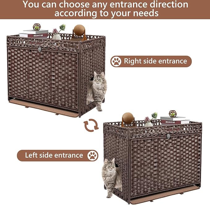 Cat Litter Box Enclosure Furniture Hidden, Pet House Litter Box Furniture for Large Cats, Handwoven Rattan with Door Cat Washroom Box, Indoor Cat House Storage with Soft Litter Mat, Brown