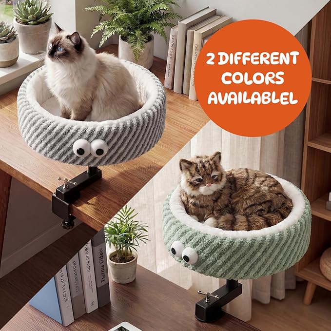 Cat Desk Bed, Height Adjustable 360° Rotating Desk Mounted Cat Bed, 2-in-1 Cat Desk Perch Hammock, Desk Cat Bed Attachment with Washable Cushion for Most Cats (Gray)