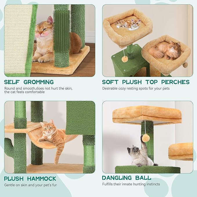 YITAHOME 76in Tall Cactus Cat Tree Tower with Self-Grooming Brush, Cute Cat Climbing Tower for Indoor Cats with Cat Condo, Plush Platform, Hammock, Sisal Scratching Posts, Dangling Ball