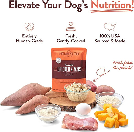 Portland Pet Food Company Fresh Dog Food Pouches - Human-Grade Toppers Wet Pet Meal & Mixers - Gluten-Free Limited Ingredient Tuxedo’s Chicken & Yams - Large & Small Breed Puppy & Senior Dogs - 8 Pack
