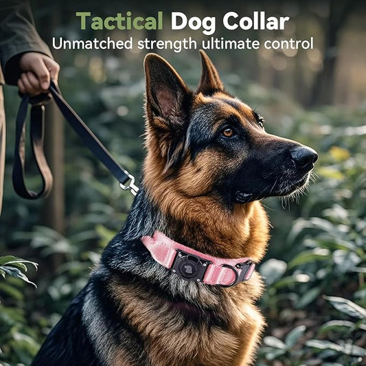 2026 Upgrade Waterproof AirTag Dog Collar, Military Tactical Dog Collar with AirTag Holder, Comfortable Control Handle and Metal Buckle, GPS Dog Collar Holder for Medium to Large Dogs (Pink, M)