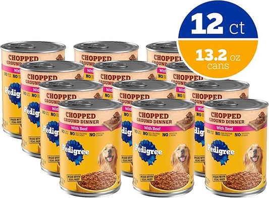 Pedigree Chopped Ground Dinner Adult Soft Wet Dog Food with Beef, Canned Dog Food, 13.2 oz. Cans, 12 Count