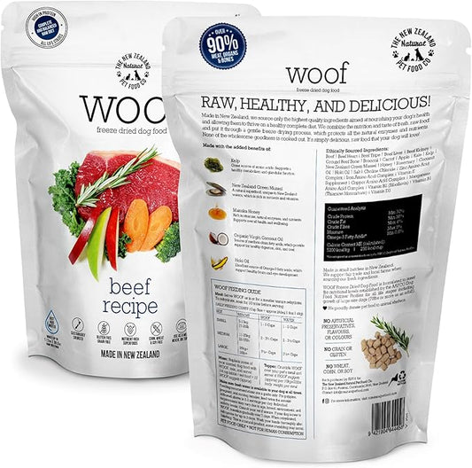 The New Zealand Natural Pet Food Co. WOOF Freeze Dried Dog Food - Beef Recipe, High Protein, Use as a Complete Diet, Dog Food Topper, Mixer, or as Dog Treats, All Life Stages, 9.9 oz