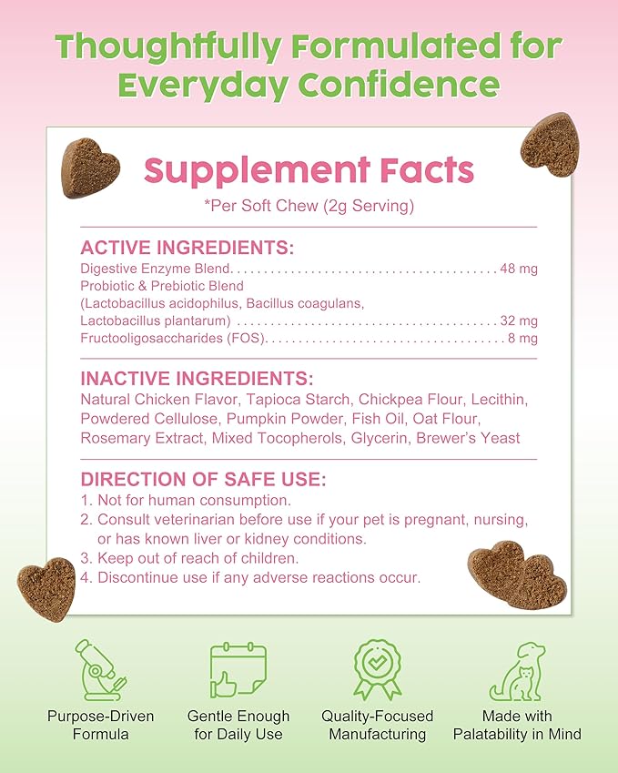 Probiotic Soft Chews for Dogs & Cats - 600M CFU Multi-Strain Probiotics, Prebiotics & Digestive Enzymes - Chicken Flavor Daily Gut Health Supplement - 60 Soft Chews (120g)