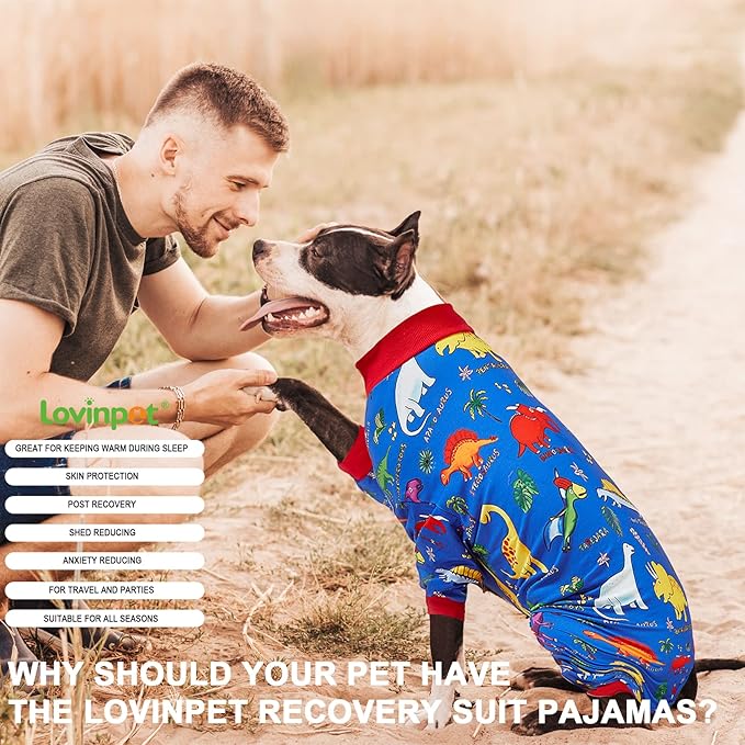 LovinPet Pitbull Large Dog Clothes, Wound Care/Post Surgery Dog Clothes, Lost World Dinosaurs Print, UV Protection, Pet Anxiety Relief, Large Dog Onesies, Pet PJ's/L