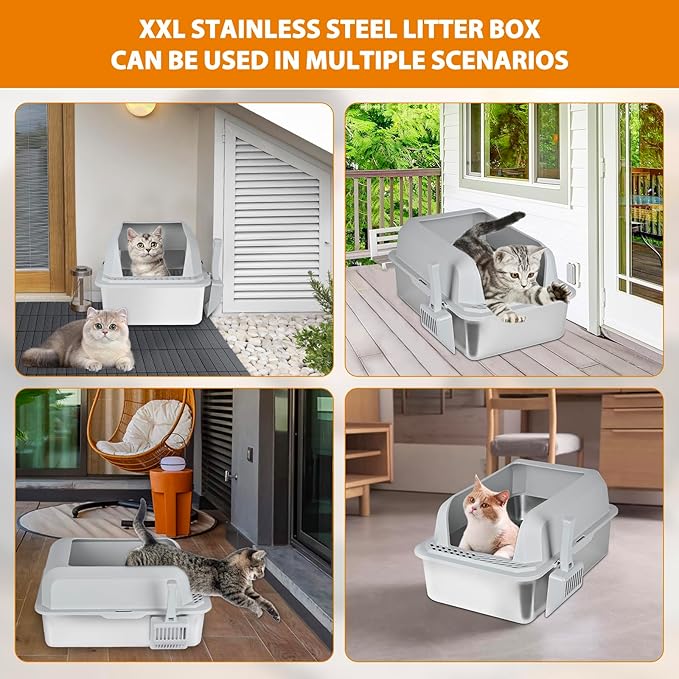 Homegroove Stainless Steel Sifting Litter Box for Pine Pellets, 23.6''Lx15.7''Wx12''H Cat Litter Box with Lid for Indoor Cats Metal Pellet Sifter Litter Pan with Plastic Scoop &10 Urine Pads (6 Inch)