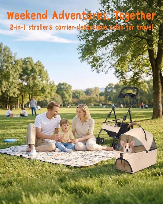 Pet Stroller with Removable Carrier, 35lbs Capacity - One-Click Foldable Dog Stroller, Cat Carrier & All-Terrain Wheels, Compact Travel Pet Stroller for Small to Medium Pets-Khaki
