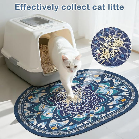 Glittme 24"x15" Cat Litter Mat with Mesh Design - Non-Slip & Waterproof Litter Trapping Pad for Litter Box Protects Floors from Stains Soft Texture for Pets,Navy