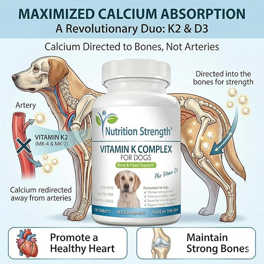 Vitamin K for Dogs - K1 & K2 (MK4 + MK7) + Vitamin D3 for Bone Health, Heart Support & Calcium Absorption - Advanced Formula for Strong Joints, Muscle & Immune Support - 120 Tablets