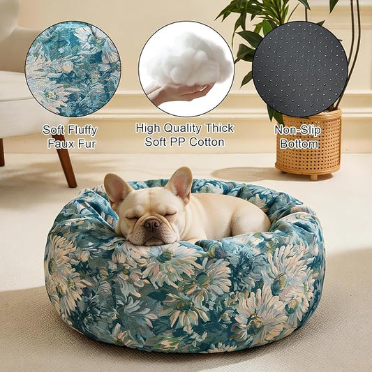 Dog Calming Beds for Small Medium Large Dogs - Round Donut Washable Puppy Dog Bed, Anti-Slip Faux Fur Fluffy Donut Cuddle Anxiety Cat Pet Bed (36" Flower)