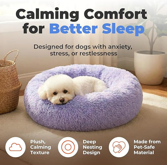 Best Pet Supplies Round Calming Dog Bed for Small, Medium & Large Dogs, Plush Donut Cuddler Pet Bed w/Raised Rim for Head, Neck Support, Anti-Slip Bottom Washable Bed - Lavender, 20 x 20 x 6