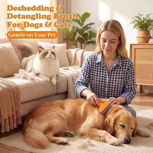 Dog Deshedding Brush & Dematting Comb for Cats - Removes Mats, Tangles & Loose Hair Painlessly, Professional Undercoat Rake for Long Haired Pets(Orange)