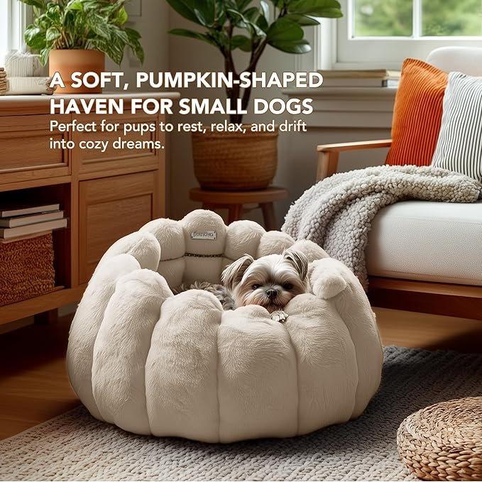 PETNOVO Pumpkin Calming Cat Bed,Plush Donut Cuddler with High Bolster,Ultra Soft Bunny Plush,Oeko‑TEX,Non-Slip Pet Nest,for Indoor Cats up to 13 lbs & Small Dogs,20Lx20Wx12H Inch, Cream
