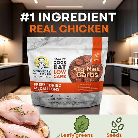 Visionary Pet Foods Freeze Dried Raw Dog Food, Topper & Meal Mixer – Real Chicken | KetoPet Research Formula | Less Than 1g Net Carbs | Ketogenic | Grain Free High Protein | Made in USA | 25oz